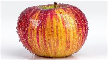 Closeup of a Crisp Red and Yellow Gala Apple with Water Droplets on White Background photo