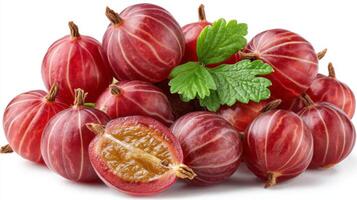 Close Up of Juicy Red Gooseberries on White Background photo