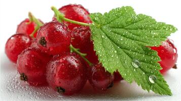 Close Up of Fresh Red Currants with Green Leaf on White Background photo