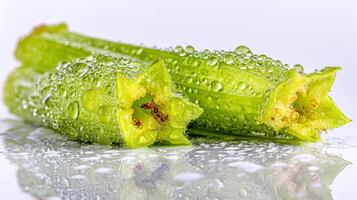 Close up of Two Fresh Green Celery Stalks with Water Droplets on White Background photo