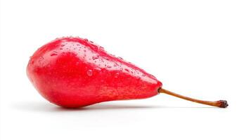 Closeup of a Crisp Red Anjou Pear with Water Droplets on White Background photo