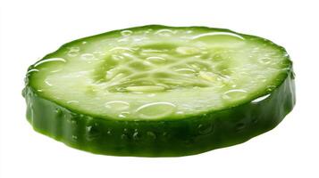 Closeup of a Fresh Green Cucumber Slice Isolated on White Background photo