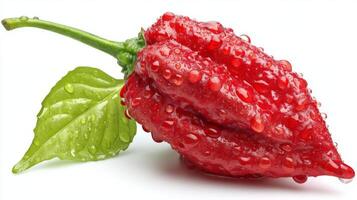 Closeup of a Fresh Red Chili Pepper with Green Leaf on White Background photo