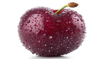 Closeup of a Juicy Red Plum with Water Drops on White Background photo
