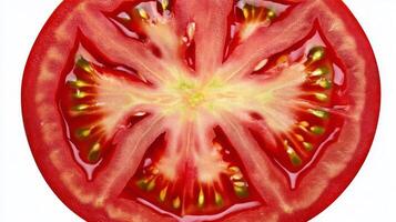 Closeup of a Juicy Red Tomato Slice on White Background photo