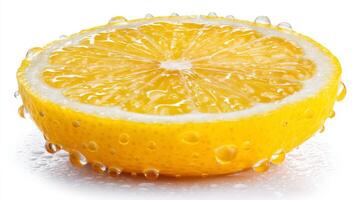 Closeup of a Juicy Yellow Lemon Slice with Water Drops on White Background photo