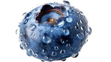 Closeup of a Single Plump Blueberry with Water Drops on White Background photo
