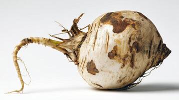 a Single White Turnip with Soil Stains on White Background photo
