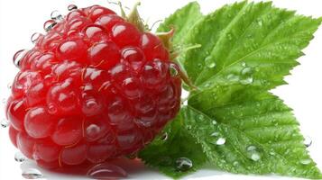 Closeup of a Ripe Red Raspberry with Green Leaves and Water Droplets on White Background photo