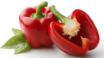 Closeup of a Sliced Ripe Red Bell Pepper on White Background photo