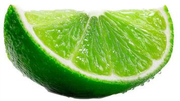 Closeup of a Vibrant Green Lime Slice Isolated on White Background photo