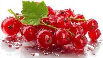 Closeup of Fresh Red Currants with Water Droplets on White Background photo
