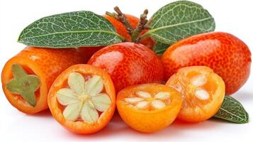 Closeup of Ripe Orange Kumquats with Leaves on White Background photo