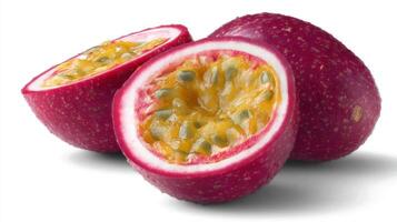 Closeup of Two Halved Juicy Purple Passion Fruit Slices on White Background photo
