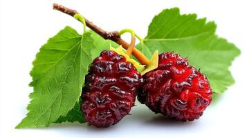 Closeup of Two Juicy Purple Mulberries on Branch with Green Leaves on White Background photo