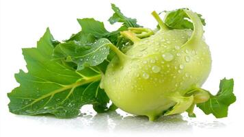 Fresh Green Kohlrabi with Dew Drops on White Background photo