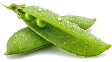 Fresh Green Pea Pods with Dew Drops on White Background photo
