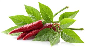 Group of Fresh Red Cayenne Pepper with Green Leaves on White Background photo