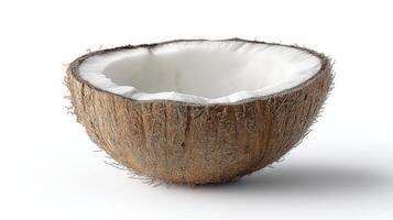 Halved White Coconut with Brown Husk on White Background photo