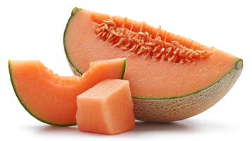 A Juicy Orange Cantaloupe Slices and Cubes on White Background photo
