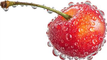 A Juicy Red Cherry with Water Droplets on White Background photo