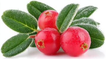 Plump Red Lingonberries with Green Leaves on White Background photo