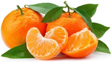 Ripe Mandarin Oranges with Leaves on White Background photo
