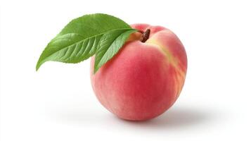 Ripe Red Peach with Green Leaf Isolated on White Background photo