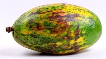 Ripe Yellow Mango with Green and Brown Markings on White Background photo