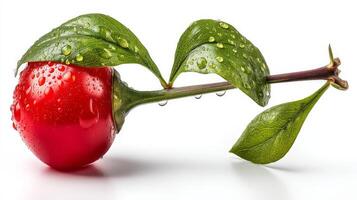 Single Juicy Red Goji Berry with Green Leaves and Water Droplets on White Background photo
