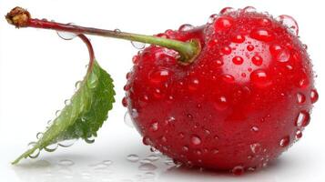 Single Red Cherry with Water Drops on White Background photo