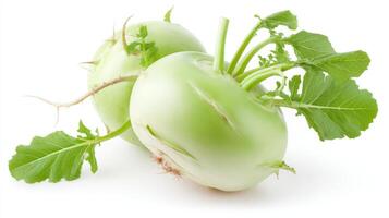Two Fresh Green Kohlrabi with Leaves on White Background photo