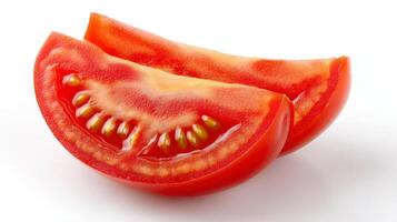 Two Bright Red Tomato Slices Isolated on White Background photo