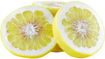 Three Juicy Yellow Grapefruit Slices Isolated on White Background photo