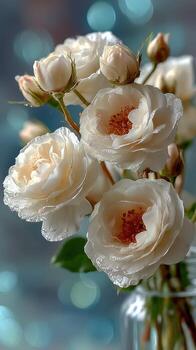 Beautiful white roses arranged in a vase, creating a serene atmosphere with soft bokeh background photo