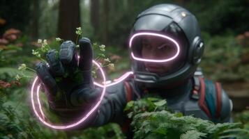Astronaut Gently Touches Delicate Flowers in Lush Forest photo