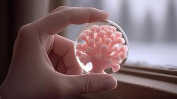 Hand Holding Delicate Pink Coral Miniature Tree in Transparent Orb Against Snowy Winter Background photo