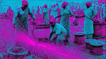 Stylized Pink and Cyan Image of Figures Engaged in Manual Labor photo