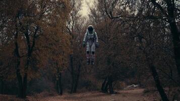 Surreal Astronaut Floating in Autumn Forest photo
