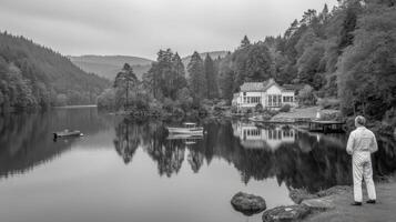 Tranquil Lake House in Black and White photo