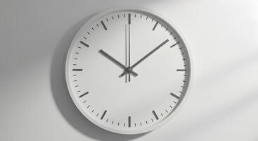 Simple wall clock displaying time in minimalistic style with gray hands and white background photo