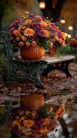 Colorful autumn flowers in pumpkin planter beside a bench reflecting in water at a park photo