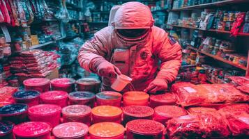 Astronaut in Pink Spacesuit Pours Food in a Dimly Lit Store photo