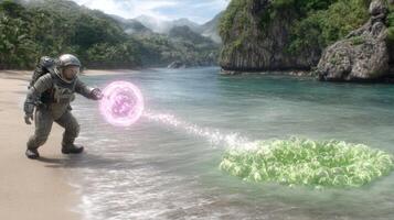 Astronaut Interacting with Glowing Green Mass on Tropical Beach photo