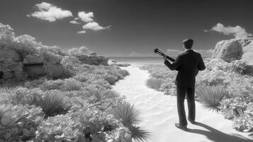 Man in Suit Playing Stringed Instrument on Sandy Beach Path photo