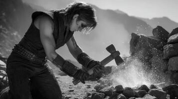 Muscular Person Striking Rock with Hammer, Creating Sparks in Mountainous Landscape photo