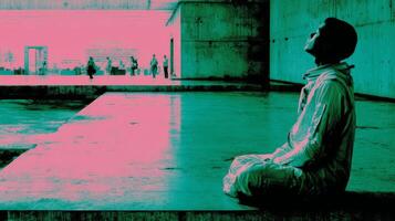 Retro Style Meditative Pose in Teal and Pink Modern Architecture photo