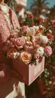 Beautiful bouquet of assorted flowers in a pastel box held by a person in a blooming garden during midday sunshine photo