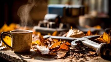Rustic Still Life Steaming Coffee Cup Amidst Autumn Leaves and Carpentry Tools photo