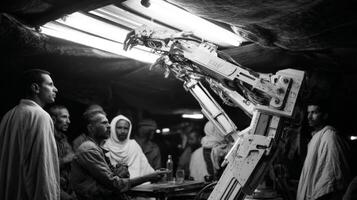 Robotic Arm Interacting with People in Dimly Lit Industrial Space photo